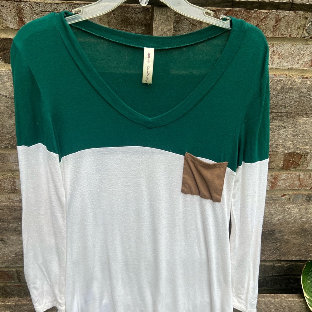 Womens medium color block shirt with elbow patch